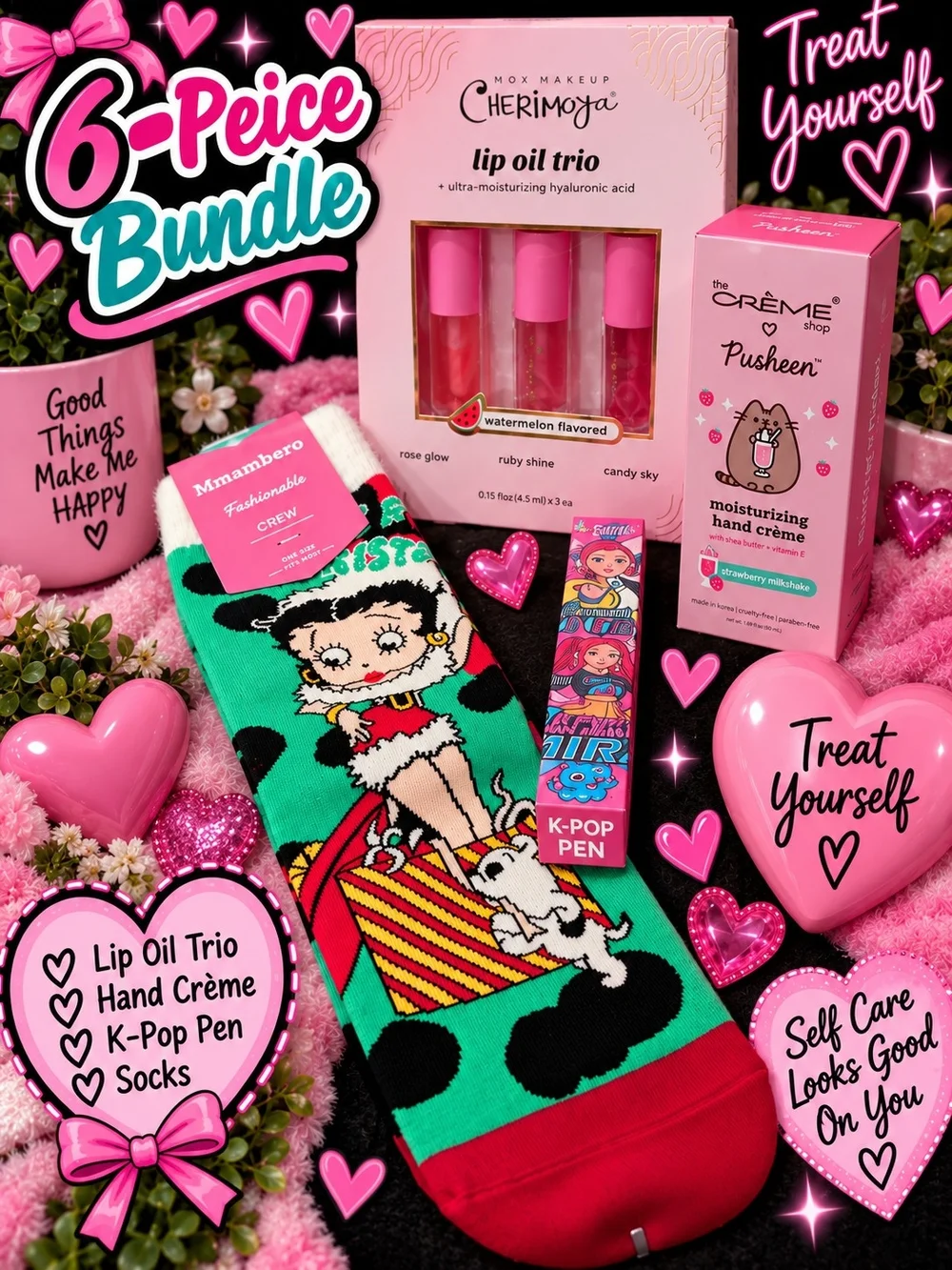 Pink Lip Oil Trio, Hand Cream, Kpop Pen And Betty Boop Socks